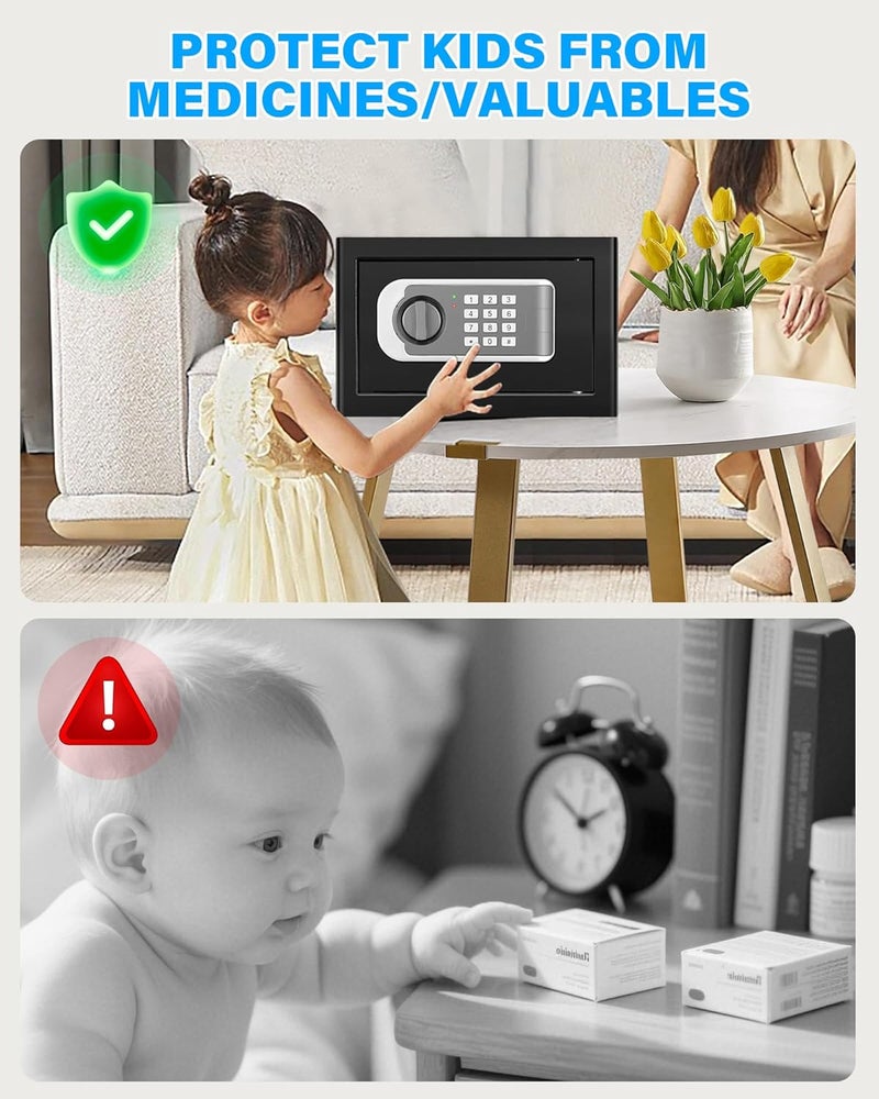 FOWORE [UPGRADED] Small Safe Box for Home, 0.30 Cuft Mini Safes with Fireproof Waterproof Bag, Digital Money Safe with Programmable Keypad Spare Keys, Security Cash Box for Money Valuables - Image 3
